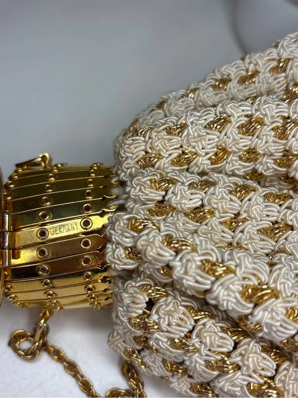Vintage Made in Germany Gold White Cord Cage Top Handle Evening Bag
